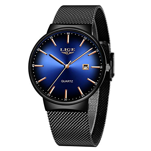 LIGE Uhr Herren Dünne wasserdichte Edelstahl Mesh Mode Minimalistisch Analoge Quarz Armbanduhr Herren (Schwarz Blau)