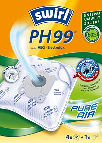 Swirl PH 99 MicroPor Plus Staubsaugerbeutel für AEG und Electrolux Staubsauger, Anti-Allergen-Filter, Dauerhaft hohe Saugleistung, 4er Pack inkl. 1 Filter