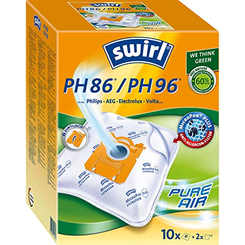 Swirl PH 86/ PH 96 MicroPor Plus Staubsaugerbeutel für Philips, AEG, Electrolux und Volta Staubsauger, Anti-Allergen-Filter, Dauerhaft hohe Saugleistung, 10 Stück inkl. 2 Filter