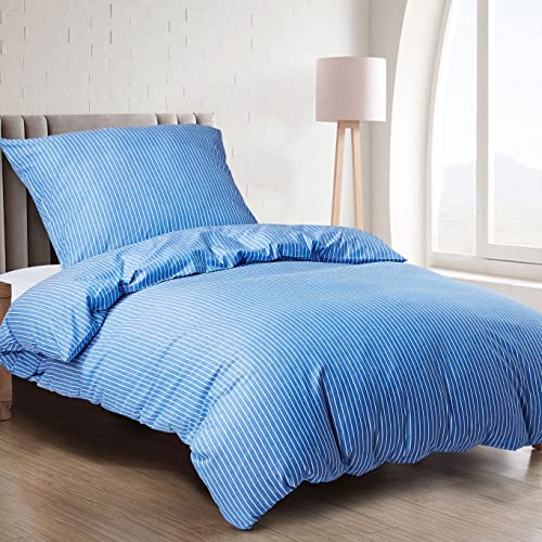 HENGWEI Bettwäsche 150x210 aus 100% Bio-Baumwolle Atmungsaktive Kuschelige Bettwäsche-Sets für Allergiker mit Reißverschluss & Kissenbezug 50x60, Blau Streifen