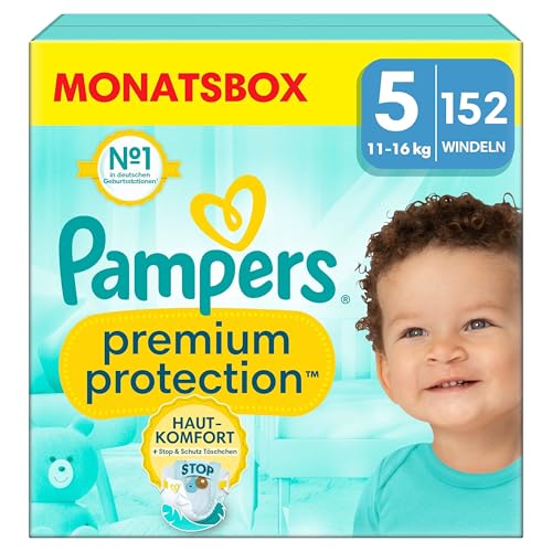 Pampers Baby Windeln Größe 5 (11-16kg) Premium Protection, Junior, MONATSBOX, bester Komfort und Schutz für empfindliche Haut, 152 Stück