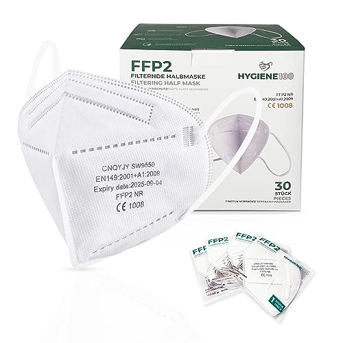 Hygiene100® 30x FFP2 -Masken, CE -zertifizierte Atemmasken 5 Schichten Partikelfiltermaske Hygienisch einzelner gepackter Gesichtsschutzmaske