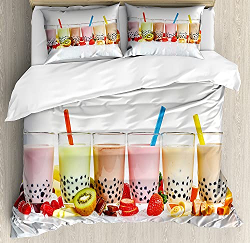 ABAKUHAUS Bunt Bettbezug Set für Einzelbetten, Aromatisierte Bubble Tea Bild, Milbensicher Allergiker geeignet mit Kissenbezug, 130 x 200 cm - 70 x 50 cm, Off White Multicolor