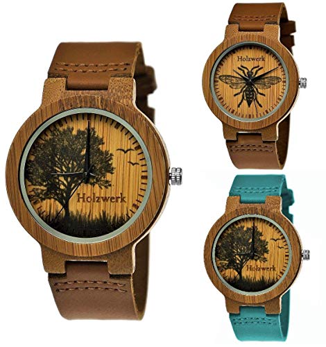 Holzwerk Germany Handgefertigte Designer Damen-Uhr Herren-Uhr Öko Natur Holz-Uhr Leder Armband-Uhr Save The Trees Analog Klassisch Quarz-Uhr Braun Baum Natur Motiv Limitiert