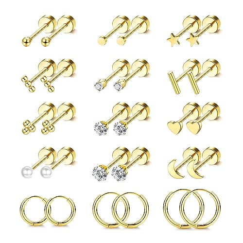 FIOROYAL 15 Paar Ohrstecker Set Kreolen Creolen Ohrringe für Damen 14K Vergoldeter Flat Piercing Ohr Zirkonia Ball Helix Piercings Medizinische Ohrstecker Gold für Mädchen