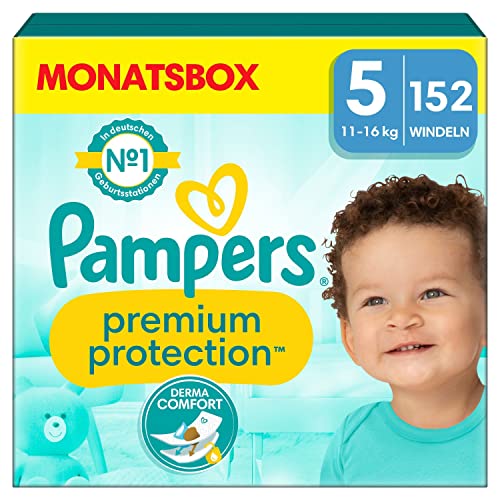 Pampers Baby Windeln Größe 5 (11-16kg) Premium Protection, Junior, MONATSBOX, bester Komfort und Schutz für empfindliche Haut, 152 Stück