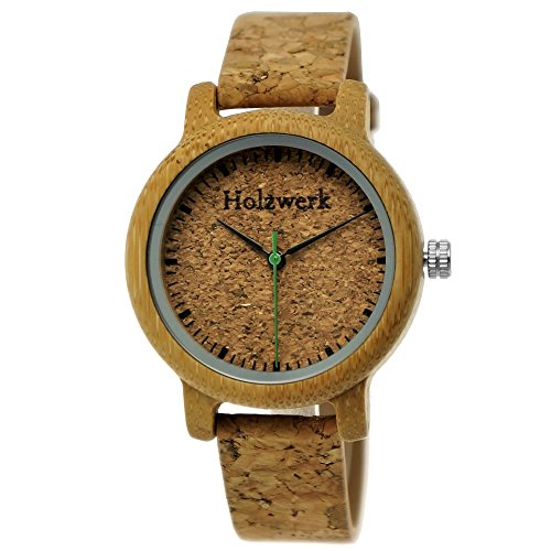Holzwerk Germany Handgefertigte Designer Damen-Uhr Öko Natur Vegan Holz-Uhr Armband-Uhr Analog Klassisch Quarz-Uhr mit Kork Armband und Holz Ziffernblatt