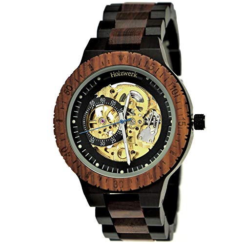 Holzwerk Germany Handgefertigte Automatik Herren-Uhr Öko Natur Holz-Uhr Holz Armband-Uhr Braun Schwarz Gold Silber Analog (Gold.Braun.Automatik)