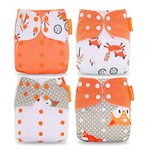 HahaGo Baby Stoffwindel waschbar wiederverwendbare Windeln All-in-One-Taschenwindel für die meisten Babys und Kleinkinder (4PCS, Orange Fox Muster)