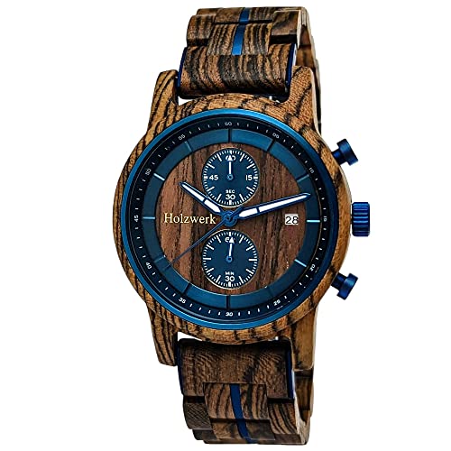 Holzwerk Germany Handgefertigte Designer Herren-Uhr Öko Natur Holz-Uhr Chronograph Armband-Uhr Analog Quarz-Uhr Braun Blau Datum Holz (Blau.Braun)