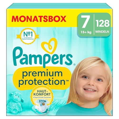 Pampers Baby Windeln Größe 7 (15+kg) Premium Protection, Extra Large, MONATSBOX, bester Komfort und Schutz für empfindliche Haut, 128 Stück