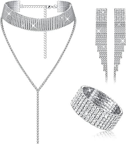 JeweBella Brautschmuck Set für Damen Silber/Schwarz Kristall Halskette Fransen Ohrringe Armreif Armband Set Hochzeitsschmuck für Braut Brautjungfern