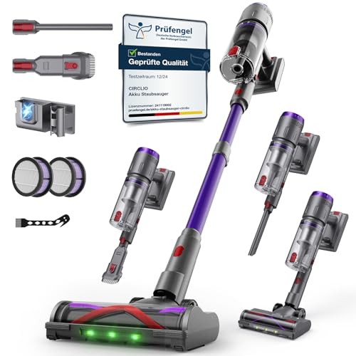 Circlio Akku Staubsauger, 600W/58000Pa/75Min, Laufzeit Staubsauger Kabellos mit Smart LED Display und Ladestation, Selbststehender Akkusauger mit Antitanglebürste für Teppich, Hartboden und Tierhaare