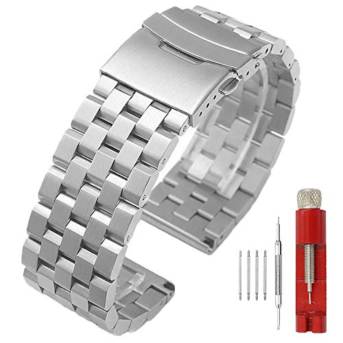 Kai Tian 22mm Silber Prämie Matt 5 Reihen Doppelschlösser Edelstahl Armbanduhr für Damen Herren Uhrenarmband Ersatz Metall Uhrenband Band Armband