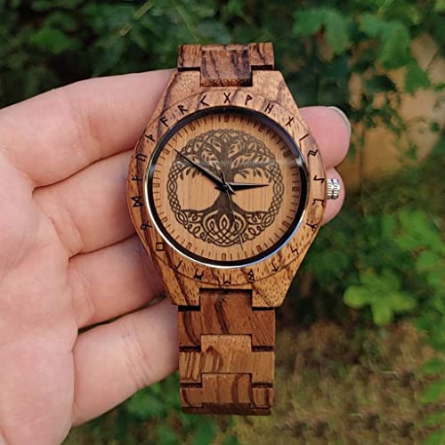 Fandao Wikinger Quarz Holzuhr Herren Holz Analoge Uhr Armbanduhr mit Nordischem Keltischen Lebensbaum Massivholz Graviert Herren Geschenk Uhrenbox Perlenarmband