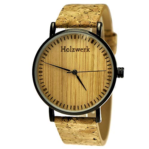 Holzwerk Germany Handgefertigte Flache Designer Unisex Herren-Uhr Damen-Uhr Öko Natur Vegan Holz-Uhr Armband-Uhr Analog Klassisch Quarz-Uhr Kork Armband Holz Ziffernblatt Schwarz