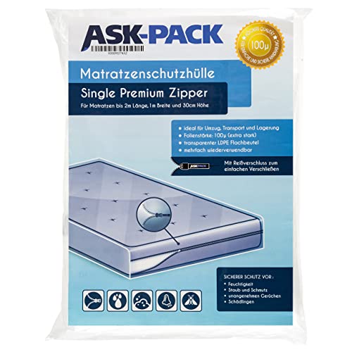 ASK Pack Premium Matratzenhülle Single – mit REIßVERSCHLUSS - für 90-100cm breite bis 30cm hohe 200cm Lange Matratze - 100µ EXTRA stark - wasserdicht und reißfest - Ideal für Lagerung & Transport