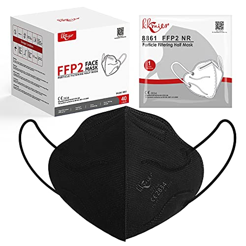 KKmier FFP2 Maske Einweg-Atemschutzmasken CE Zertifikat 5-lagige Mundschutzmasken Schwarz Einzel Verpakt 40 Stück