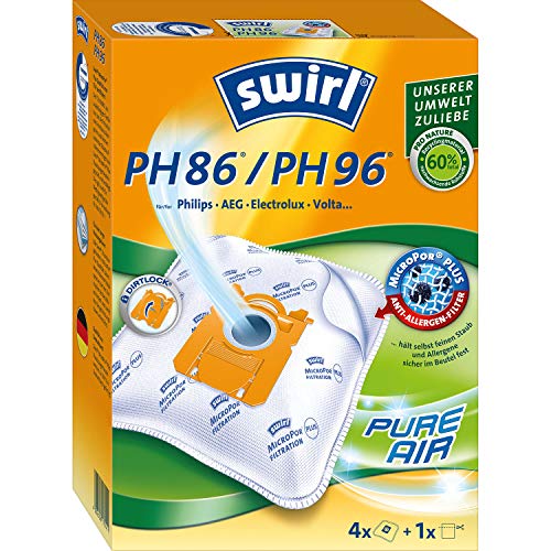 Swirl PH 86 / PH 96 MicroPor Plus Staubsaugerbeutel für Philips, AEG, Electrolux und Volta Staubsauger, Anti-Allergen-Filter, Dauerhaft hohe Saugleistung, 4 Stück inkl. 1 Filter