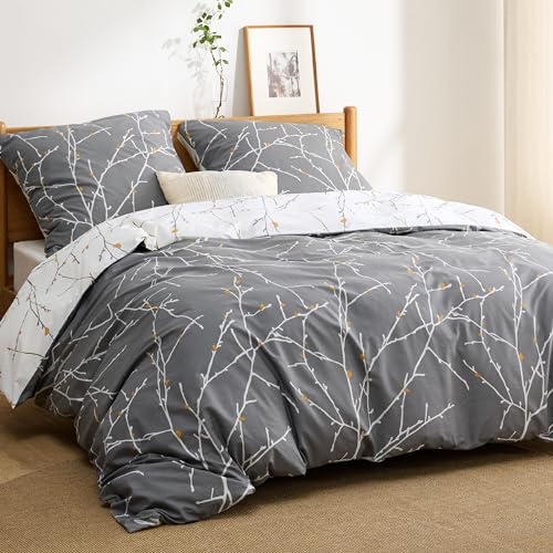 BEDSURE Bettwäsche 220x240 Baumwolle Grau - Bettwäsche-Sets 220 x 240 cm Bettbezug 3teilig mit 2 Kissenbezüge 80x80 cm, ÖKO-TEX Wendebettwäsche Bedding Zweige Muster mit Reißverschluss