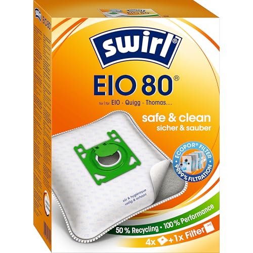 Swirl EIO 80 EcoPor Staubsaugerbeutel (4 Beutel), reißfeste Staubbeutel für einige EIO, Dirt Devil, Edeka & Thomas Staubsauger, 99,9% Filterung von Hausstaub & allergenem Feinstaub
