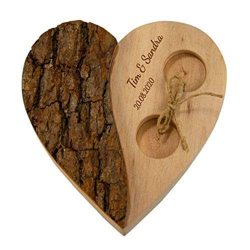 Geschenke 24 Holz Herz für Ringe Rinde Hochzeit personalisiert für Eheringe mit Gravur - Alternatives Ringkissen Holz mit Namen & Datum zur Hochzeit