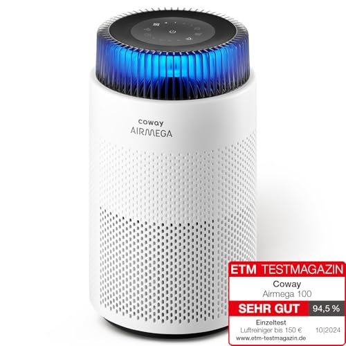 COWAY Luftreiniger Allergiker – Superleise, mit Schlafmodus & Stimmungslicht, entfernt 99,999 % Partikel bis 0,01 µm, mit ECARF-Siegel, gegen Pollen, Staub & Tierhaare, CADR 244 m³/h (Airmega 100)