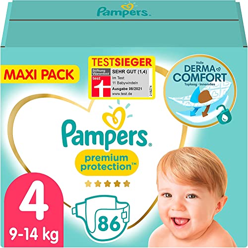 Pampers Baby Windeln Größe 4 (9-14kg) Premium Protection, Maxi, 86 Stück, MAXI PACK, bester Komfort und Schutz für empfindliche Haut