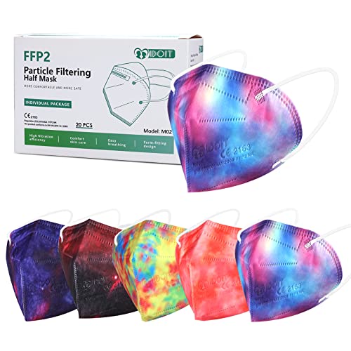 IDOIT FFP2 Masken bunt Mundschutz Maske,Einwegmaske Atemschutzmaske farbig Einwegmasken mit 5-lagiger Filterung,Hautfreundlichkeit,atmungsaktiv Masken einzeln verpackt (20 Stück)