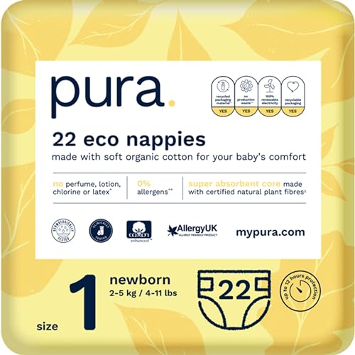 Pura Öko-Windeln Größe 1 (Neugeborene 2-5 kg), 22 Windeln (1 Packung), mit EU Ecolabel Zertifiziert, für Empfindliche Haut, aus Bio-Baumwolle, Geruchsfrei, Hypoallergen, Feuchtigkeitsindikator