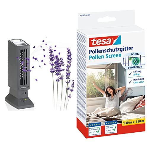 Asigo Luftreiniger Allergiker | Ohne Filter & tesa Pollenschutzgitter - zuschneidbarer, transparenter Pollenschutz für Allergiker - für nach innen öffnende Fenster - Anthrazit - 130 cm x 150 cm